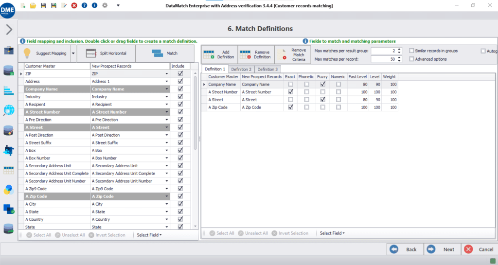 setting match definitions in DataMatch Enterprise